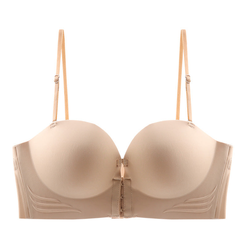 Front-buttoned strapless gathering bra