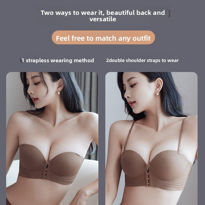 Front-buttoned strapless gathering bra