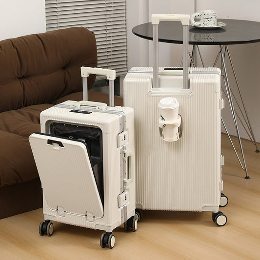 Front-opening luggage compartment with a front-opening side latch