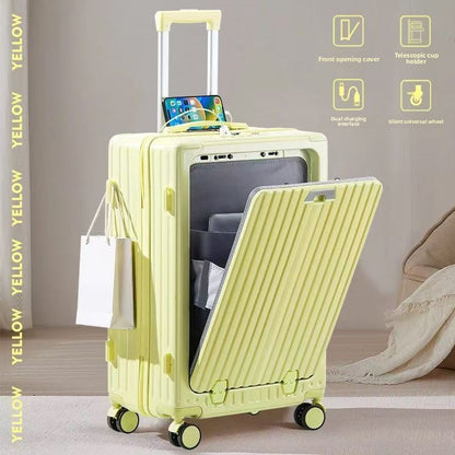 Front Opening Suitcase with Cup Holder and USB Charging