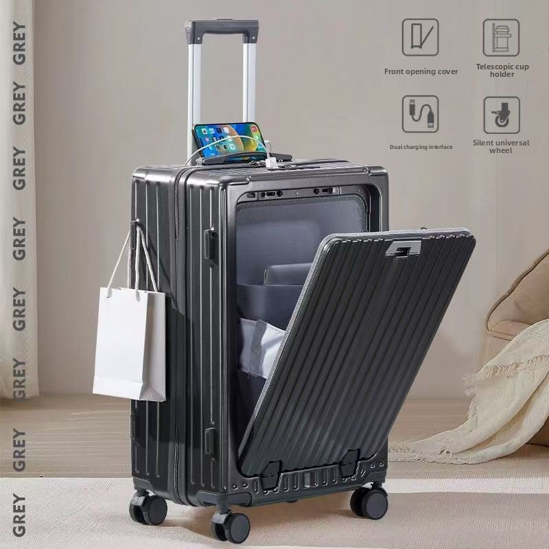 Front Opening Suitcase with Cup Holder and USB Charging