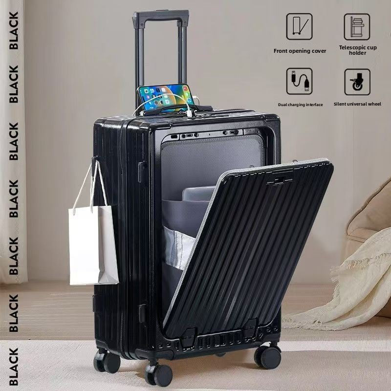 Front Opening Suitcase with Cup Holder and USB Charging