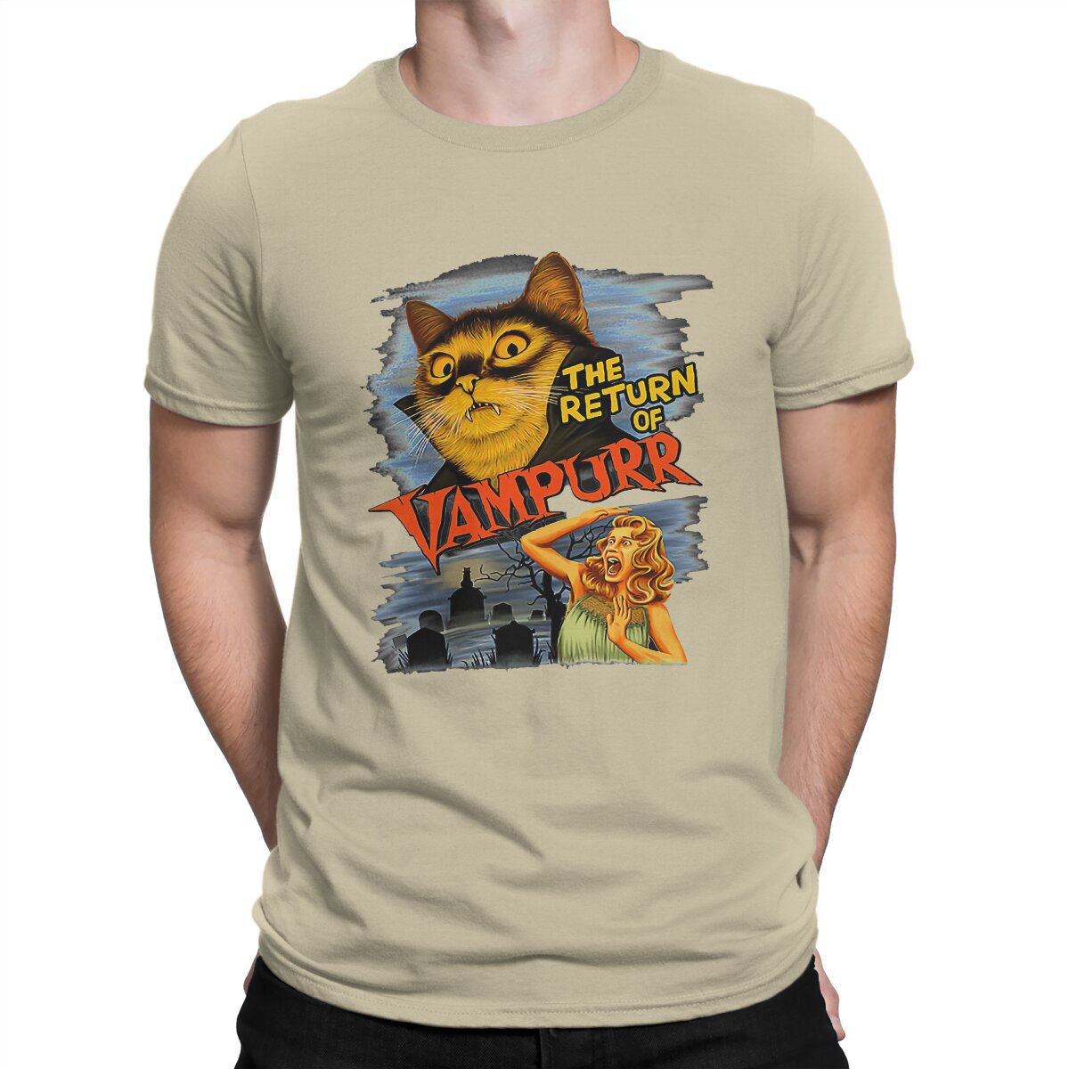 Funny Vampire Cat Print Cotton T-Shirt for Men