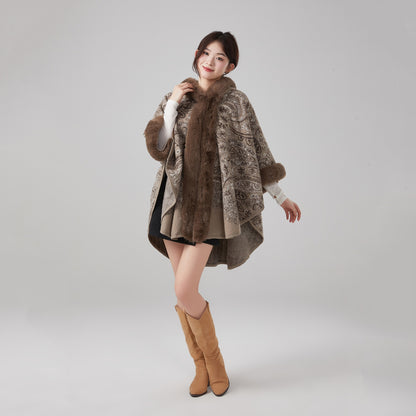 Fur-Collared Jacquard Shawl Cloak