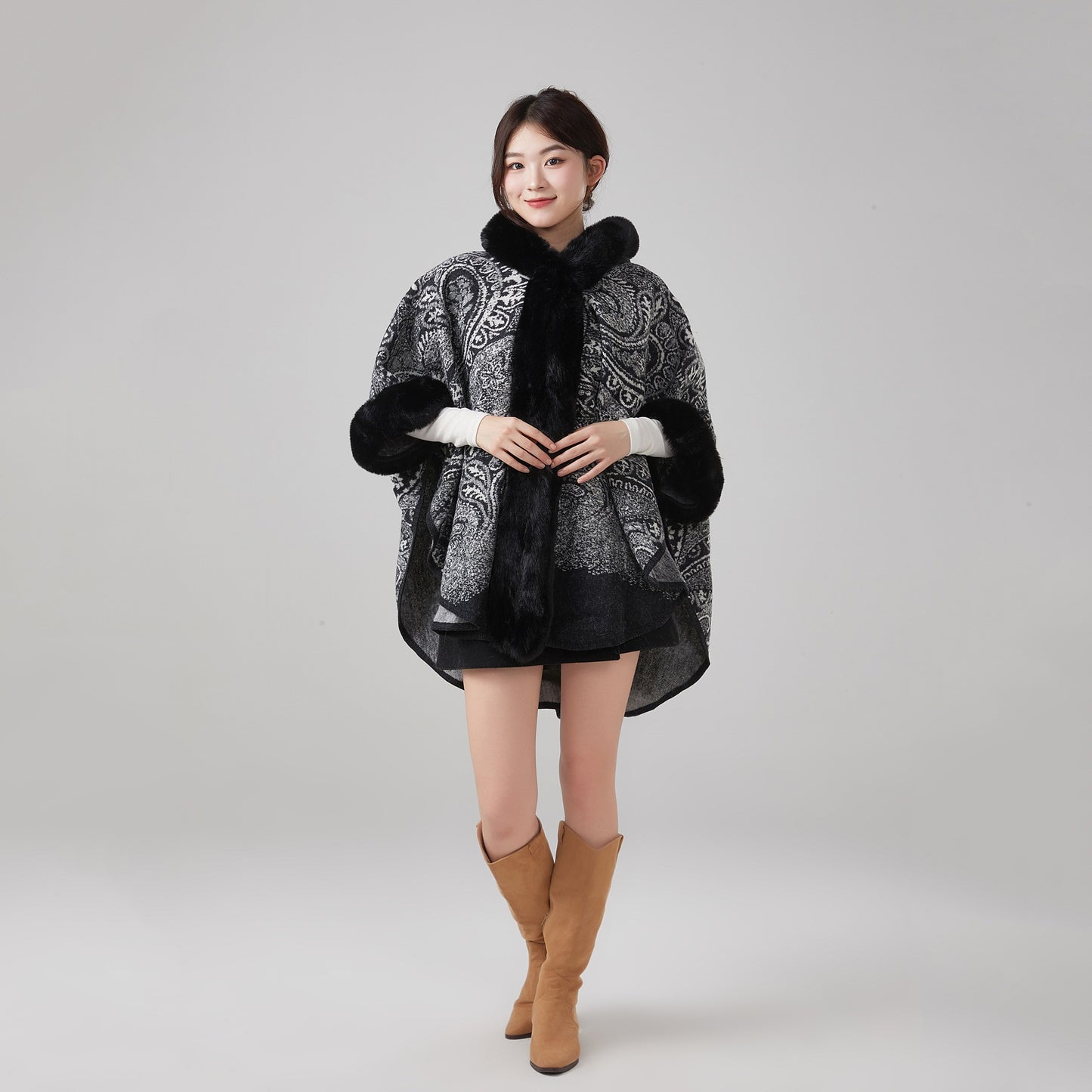 Fur-Collared Jacquard Shawl Cloak