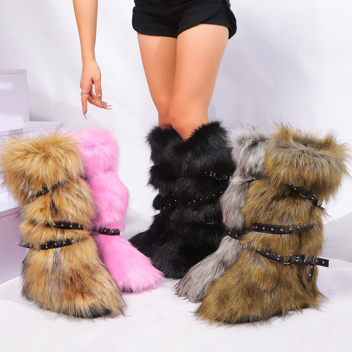Fur Trim Snow Boots with Buckle