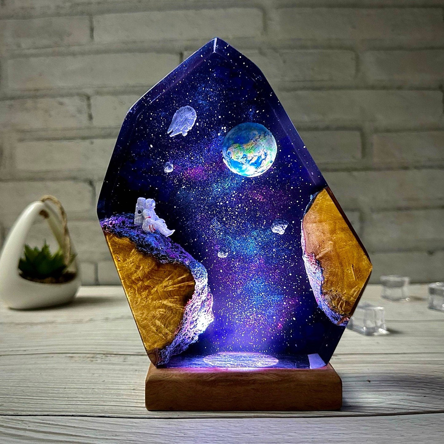 Galaxy Resin Wood Night Light with Multicolor LED Base