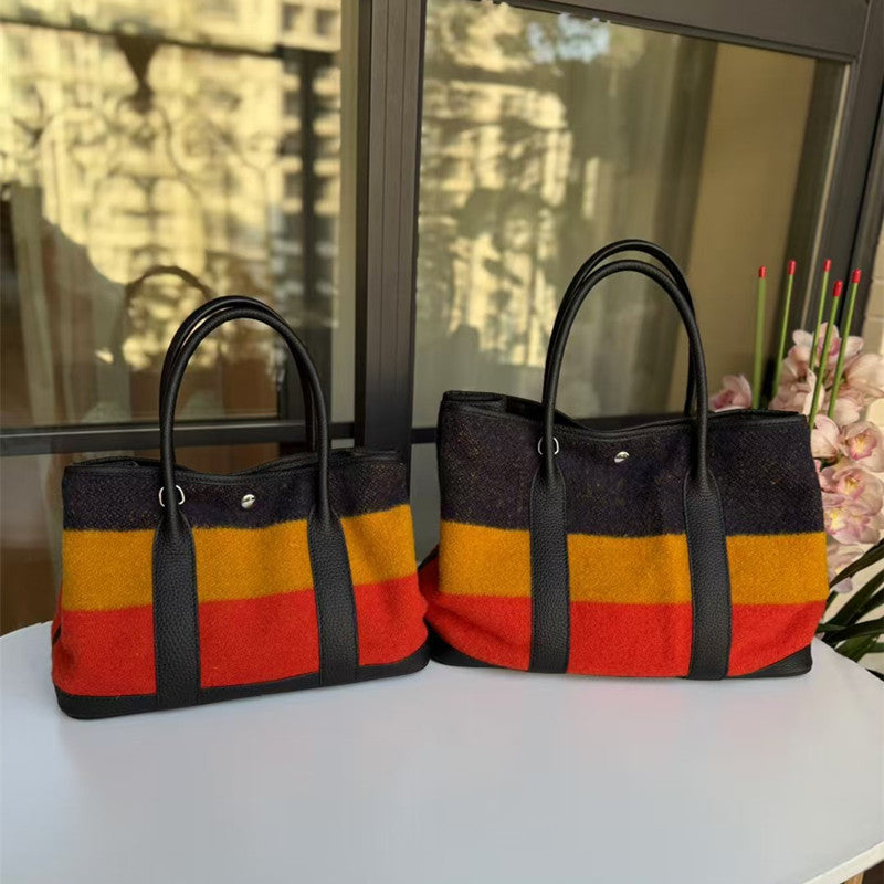Garden Bag 2026 New Style Woolen Linen with Genuine Leather Top Layer Cowhide Handbag Single Shoulder Crossbody Wholesale Women's Bag
