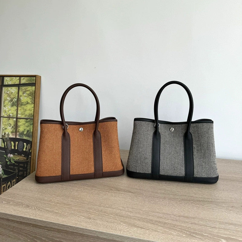 Garden Bag 2026 New Style Woolen Linen with Genuine Leather Top Layer Cowhide Handbag Single Shoulder Crossbody Wholesale Women's Bag