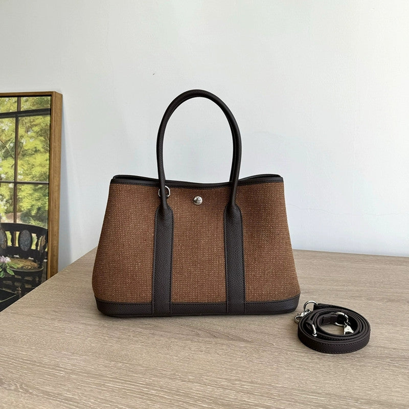 Garden Bag 2026 New Style Woolen Linen with Genuine Leather Top Layer Cowhide Handbag Single Shoulder Crossbody Wholesale Women's Bag