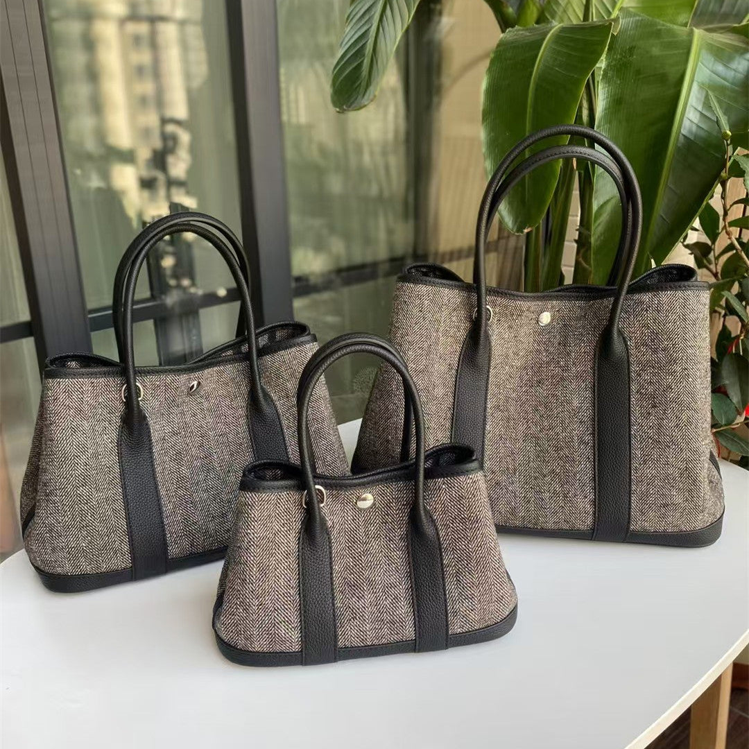 Garden Bag 2026 New Style Woolen Linen with Genuine Leather Top Layer Cowhide Handbag Single Shoulder Crossbody Wholesale Women's Bag