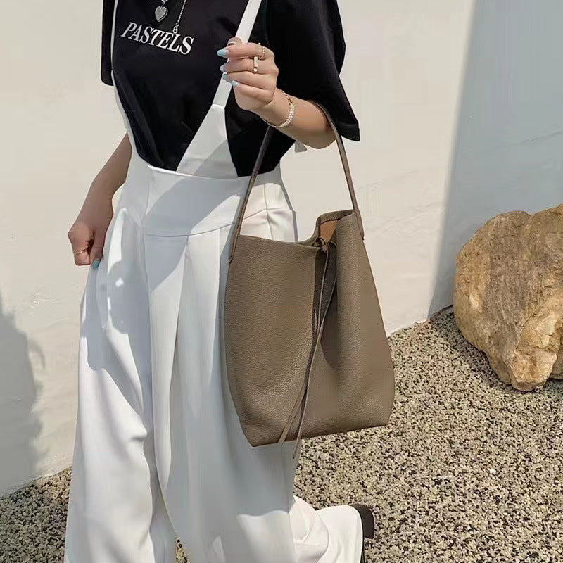 Genuine Leather Bucket Bag with Drawstring Closure
