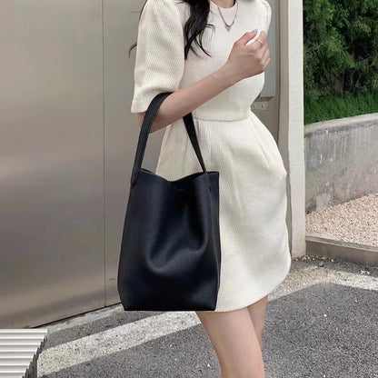 Genuine Leather Bucket Bag with Drawstring Closure
