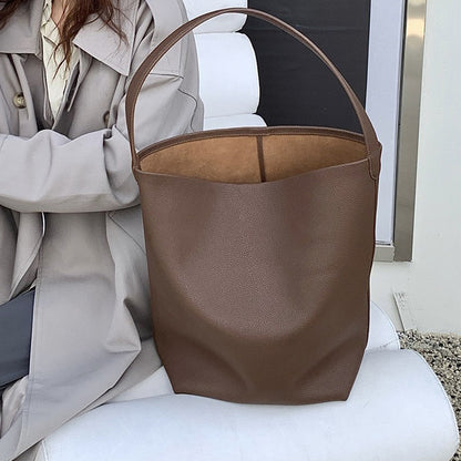 Genuine Leather Bucket Bag with Drawstring Closure