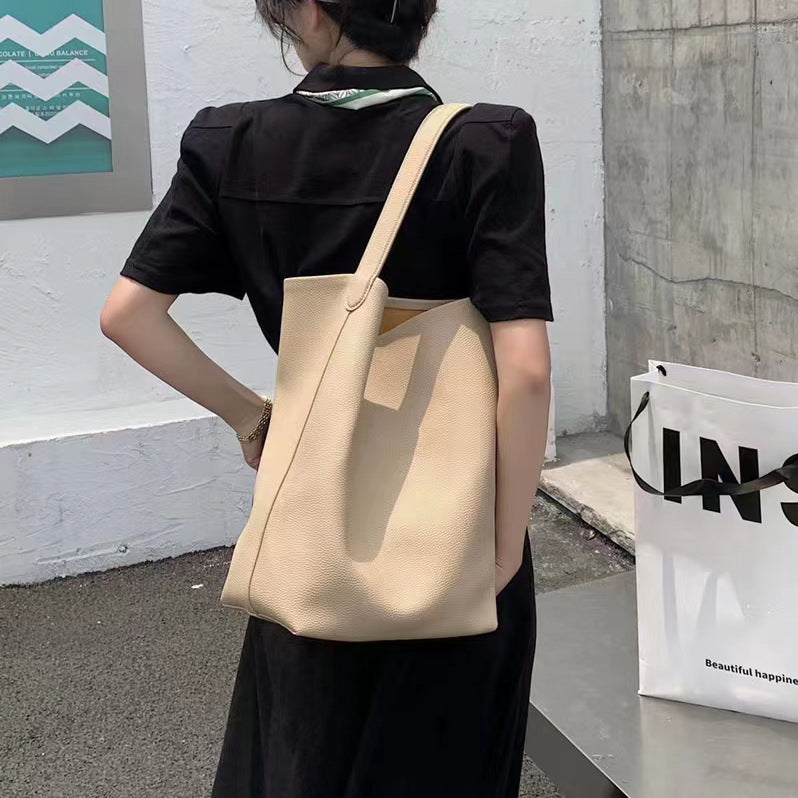 Genuine Leather Bucket Bag with Drawstring Closure
