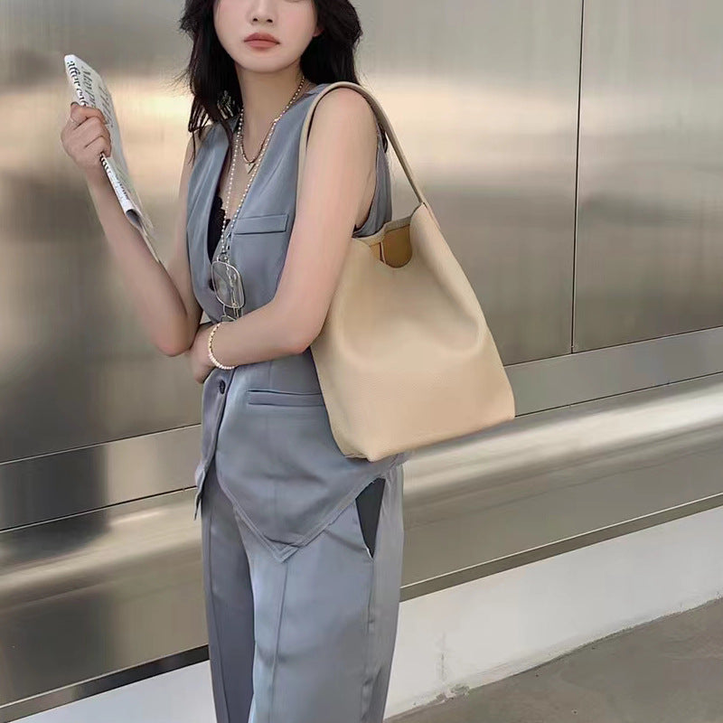 Genuine Leather Bucket Bag with Drawstring Closure