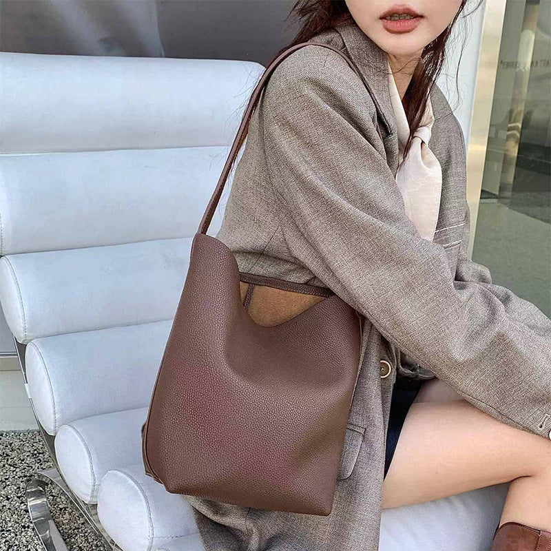 Genuine Leather Bucket Bag with Drawstring Closure