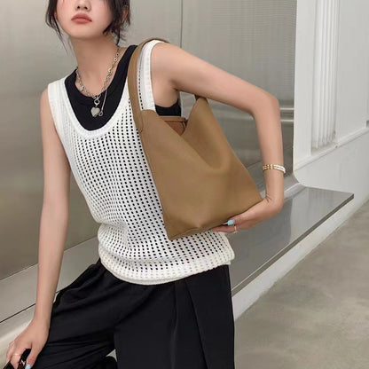 Genuine Leather Bucket Bag with Drawstring Closure