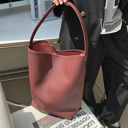 Genuine Leather Bucket Bag with Drawstring Closure