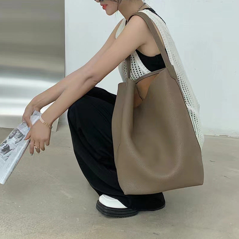 Genuine Leather Bucket Bag with Drawstring Closure