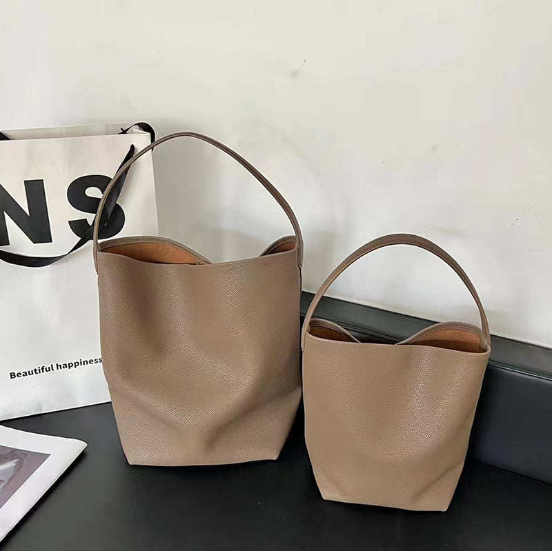 Genuine Leather Bucket Bag with Drawstring Closure