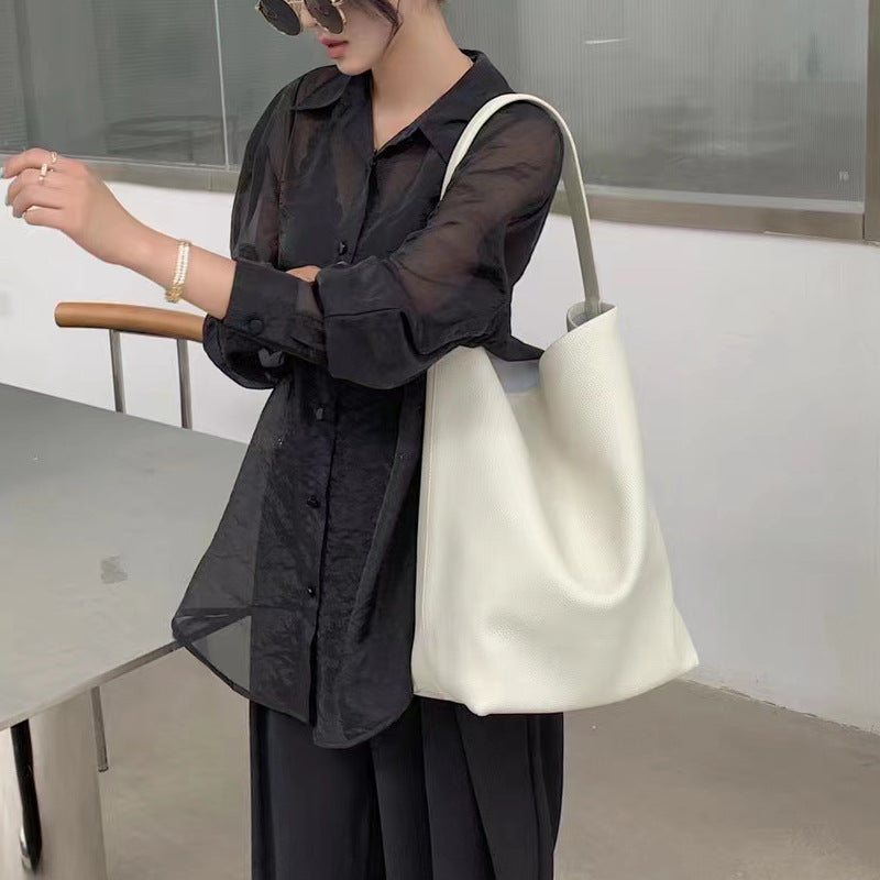 Genuine Leather Bucket Bag with Drawstring Closure