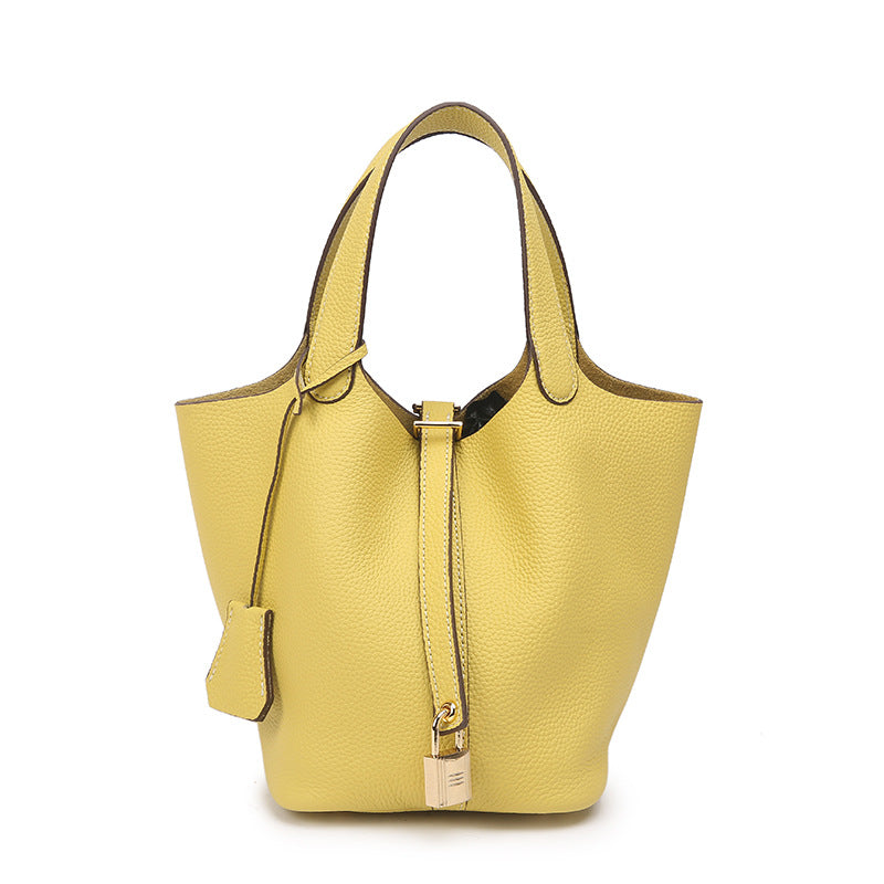 Genuine Leather Bucket Bag with Gold Silver Buckles