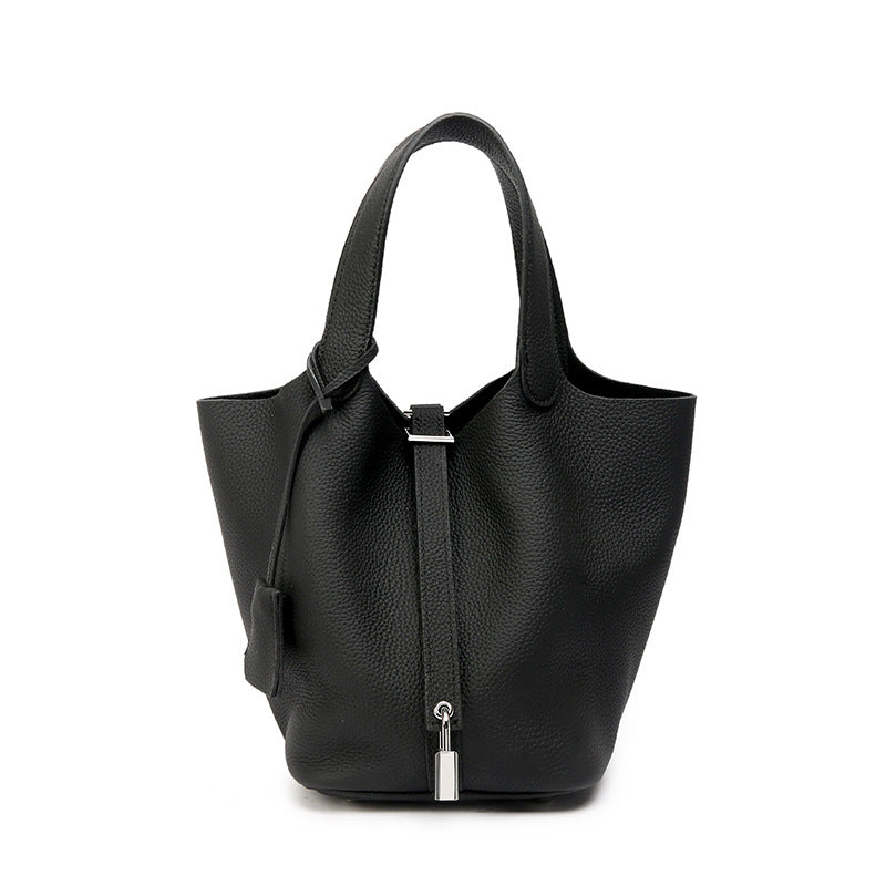 Genuine Leather Bucket Bag with Gold Silver Buckles