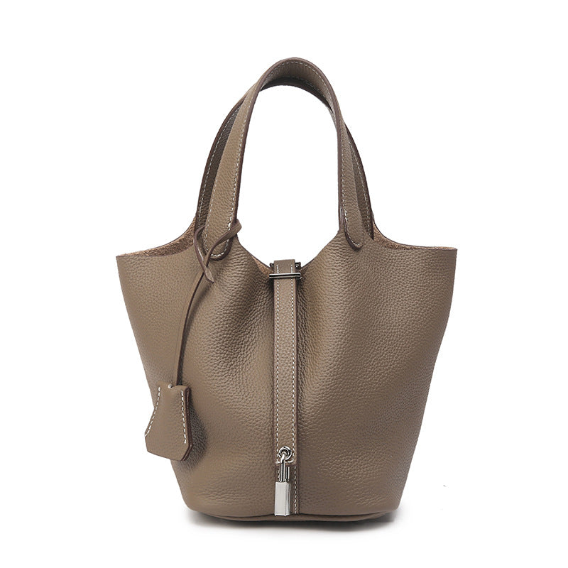 Genuine Leather Bucket Bag with Gold Silver Buckles