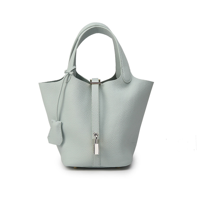 Genuine Leather Bucket Bag with Gold Silver Buckles