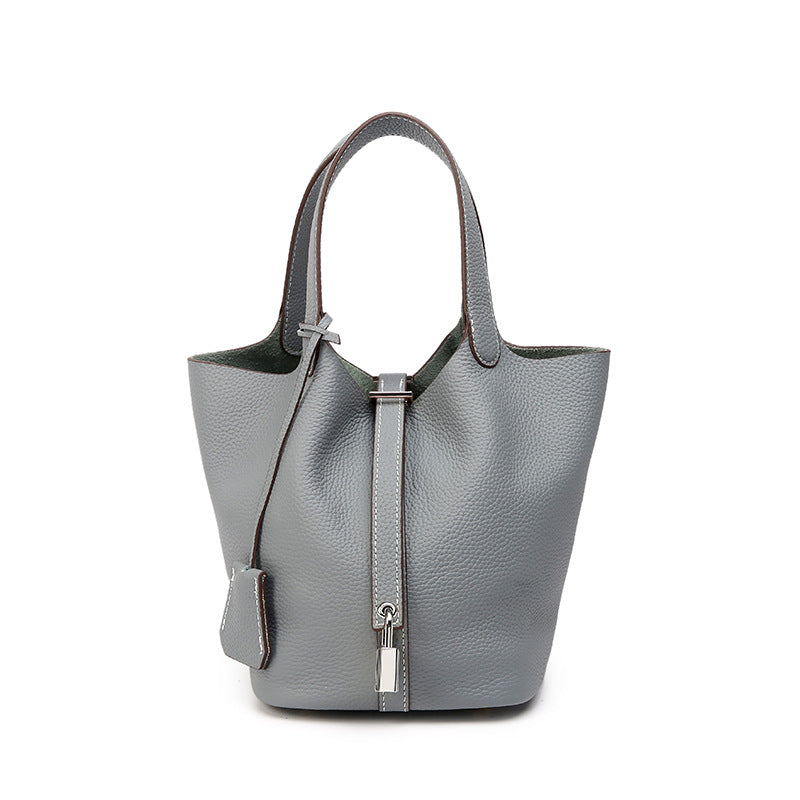 Genuine Leather Bucket Bag with Gold Silver Buckles