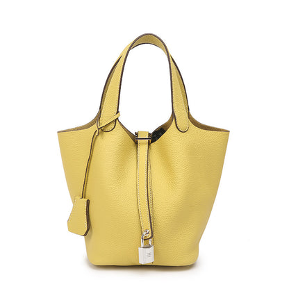 Genuine Leather Bucket Bag with Gold Silver Buckles