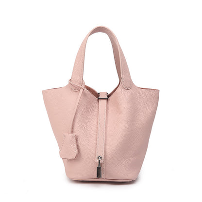 Genuine Leather Bucket Bag with Gold Silver Buckles