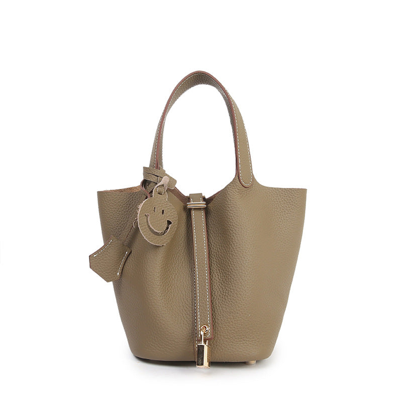Genuine Leather Bucket Bag with Gold Silver Buckles