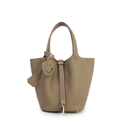 Genuine Leather Bucket Bag with Gold Silver Buckles