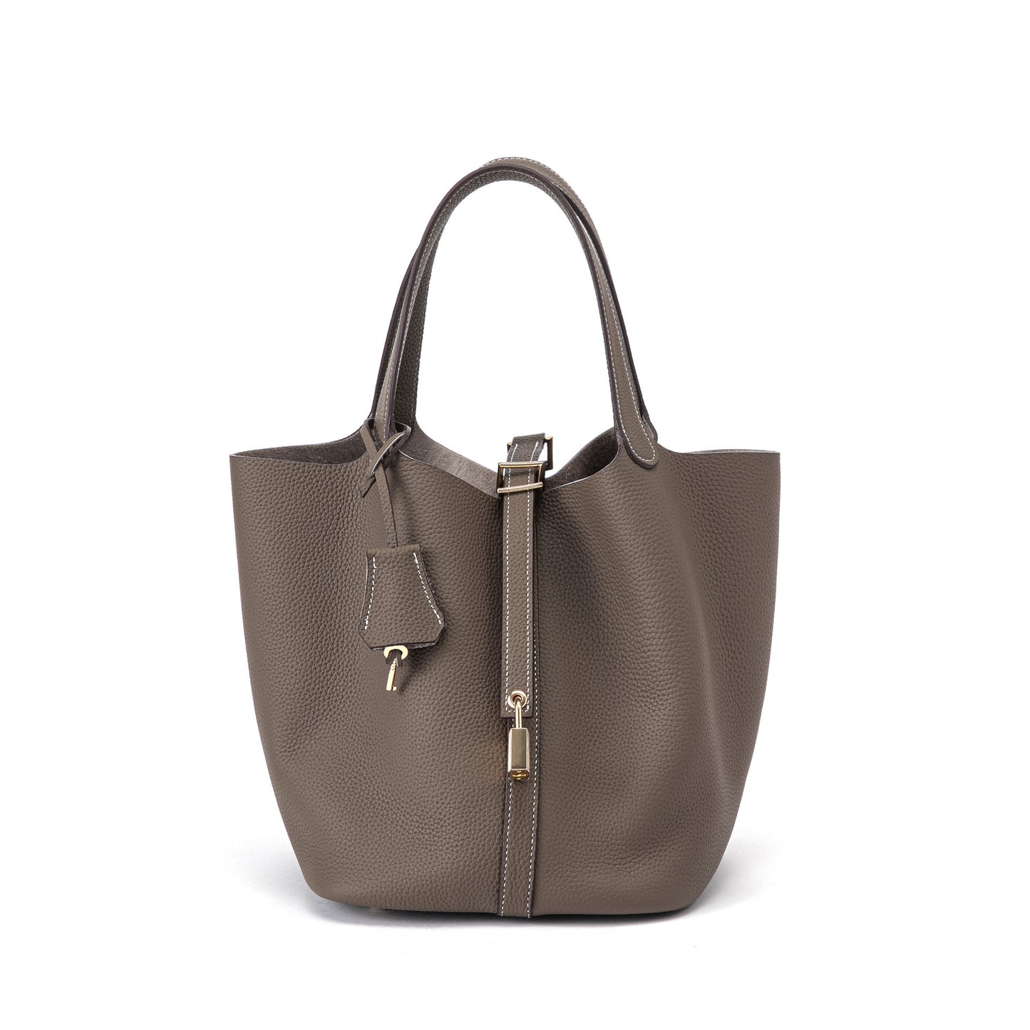 Genuine Leather Bucket Bag with Gold Silver Buckles