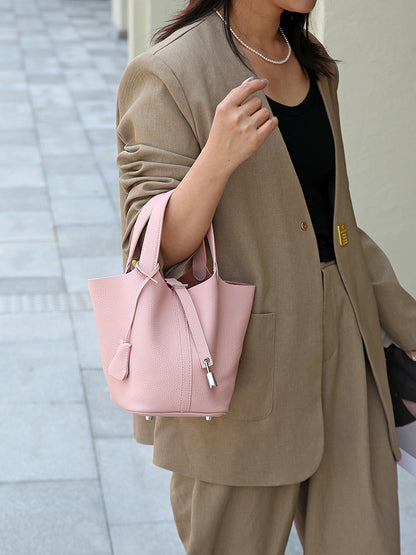 Genuine Leather Bucket Bag with Gold Silver Buckles