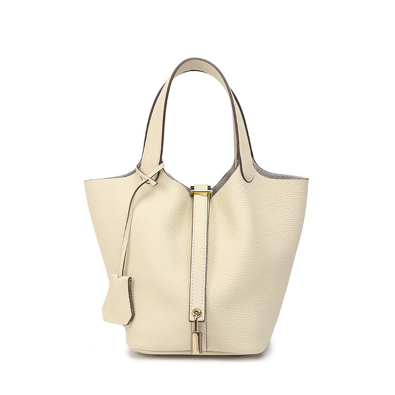 Genuine Leather Bucket Bag with Gold Silver Buckles