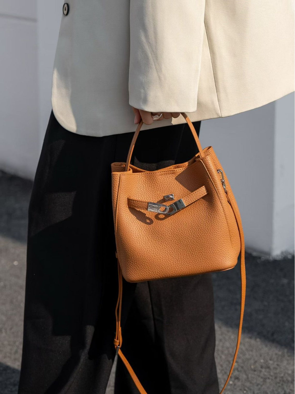 Genuine Leather Bucket Bag with Magnetic Closure