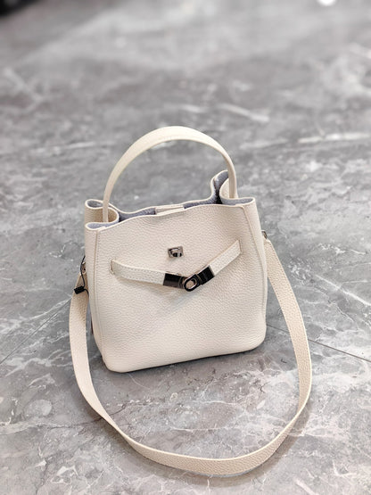 Genuine Leather Bucket Bag with Magnetic Closure