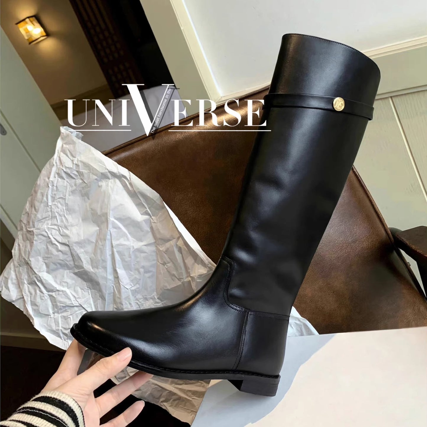 Genuine Leather Buckle Knee Boots