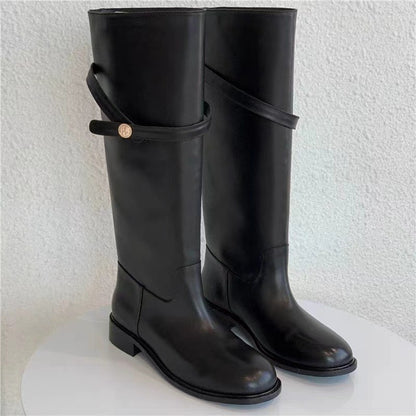 Genuine Leather Buckle Knee Boots
