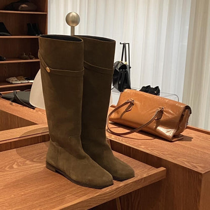 Genuine Leather Buckle Knee Boots