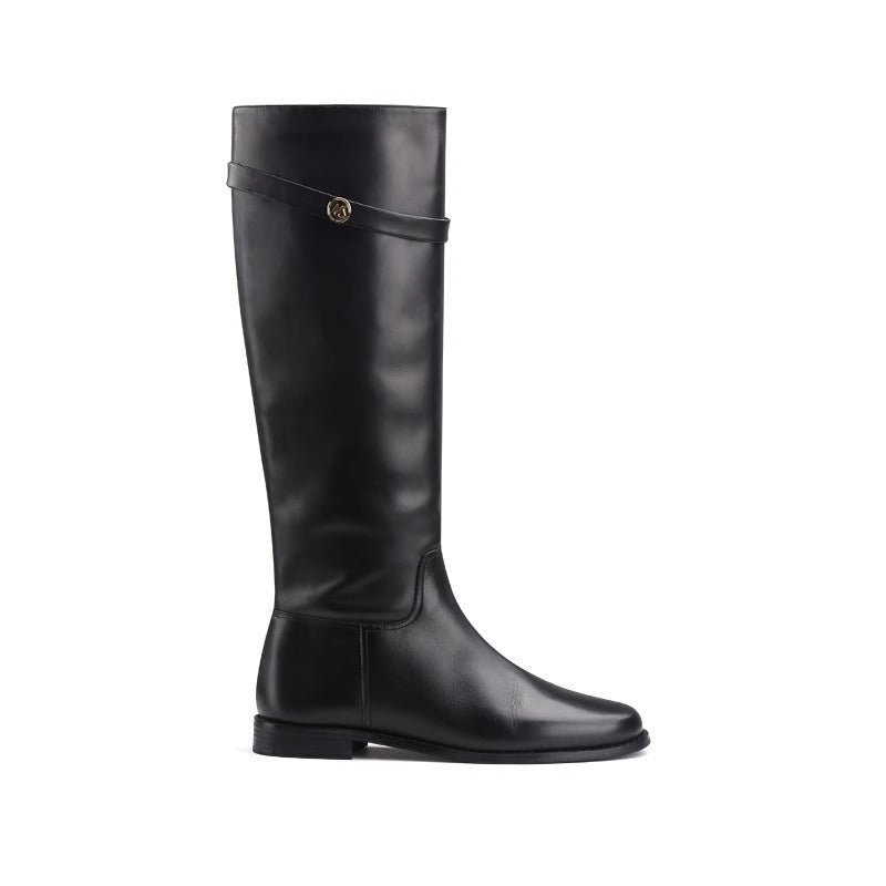 Genuine Leather Buckle Knee Boots