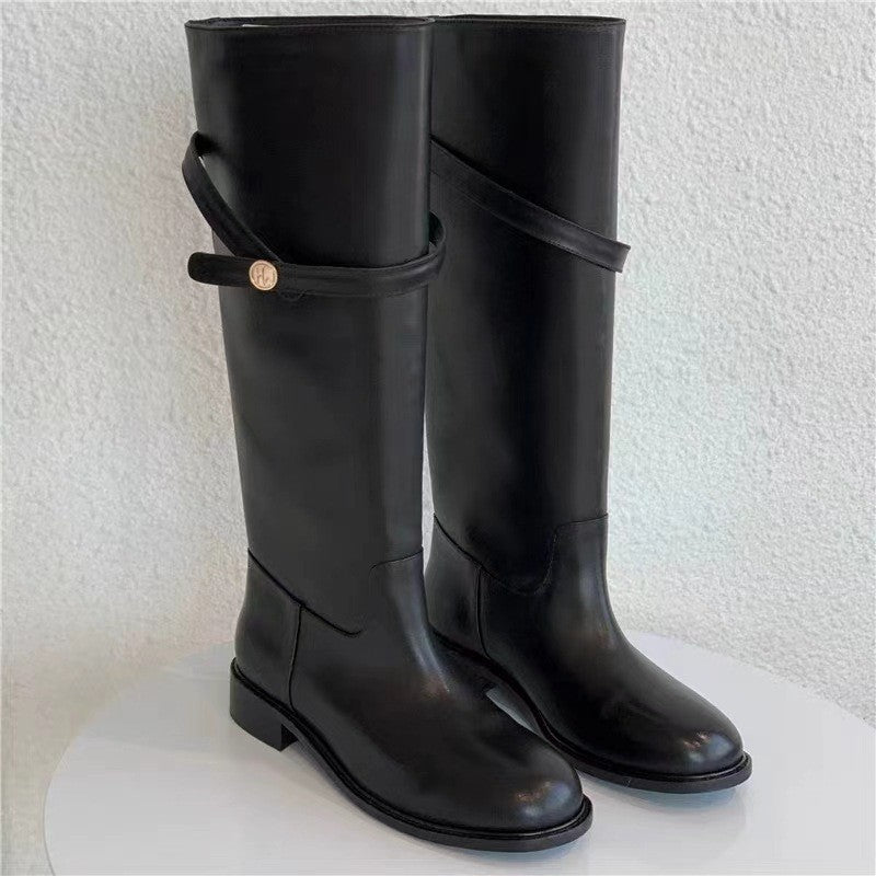Genuine Leather Buckle Knee Boots
