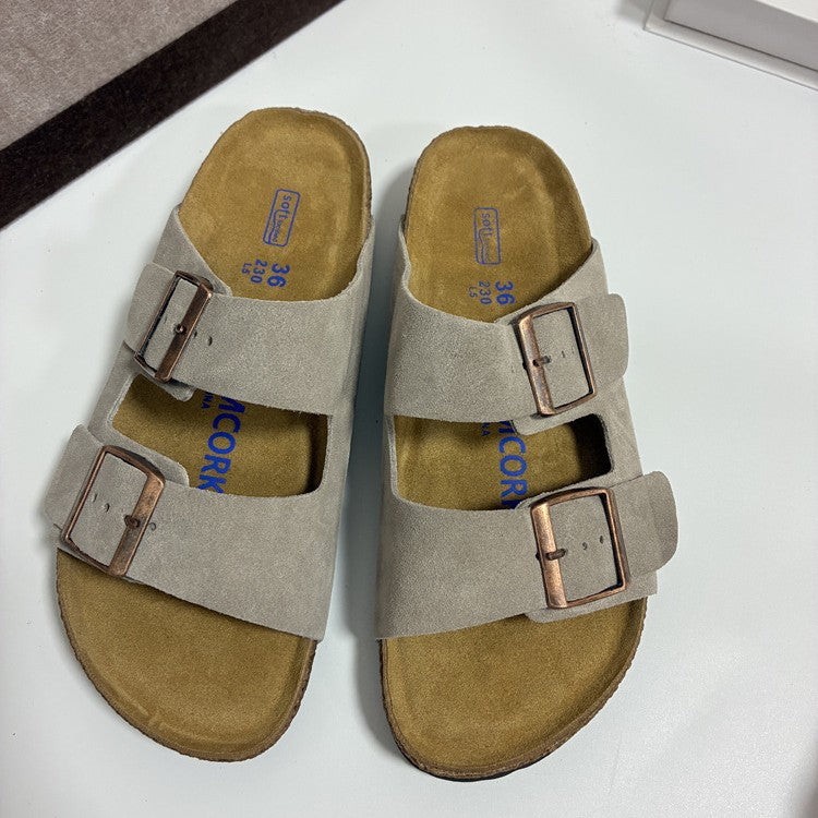 Genuine Leather Cork Footbed Sandals with Double Buckle