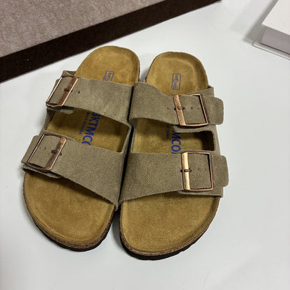 Genuine Leather Cork Footbed Sandals with Double Buckle