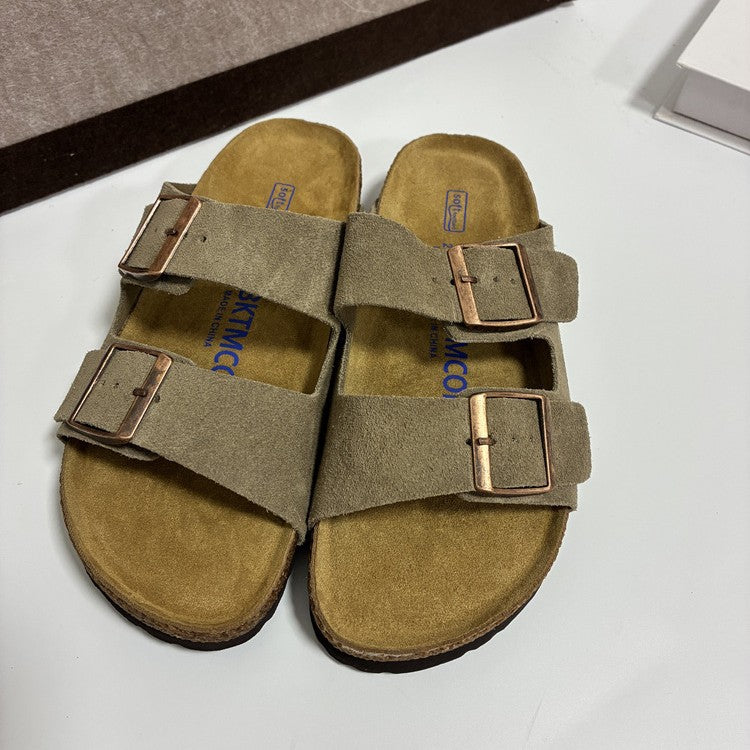 Genuine Leather Cork Footbed Sandals with Double Buckle
