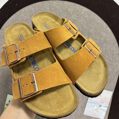 Genuine Leather Cork Footbed Sandals with Double Buckle