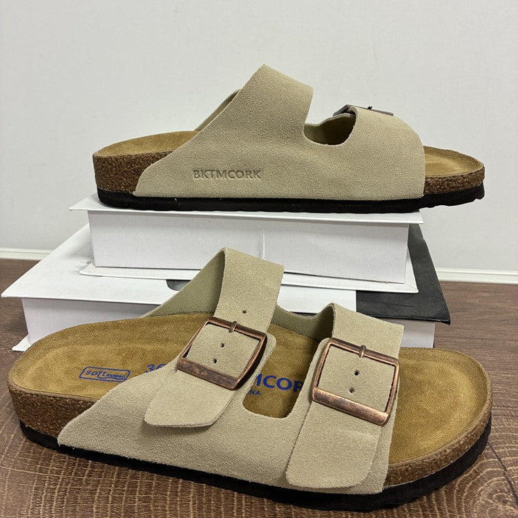 Genuine Leather Cork Footbed Sandals with Double Buckle